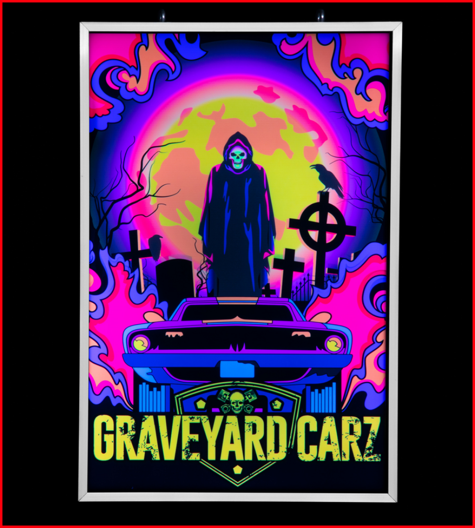 Graveyard Carz Backlit LED Sign, Graveyard Carz Neon Sign, Perfect for Displaying in Your Garage, Man Cave, Shop, or home.
